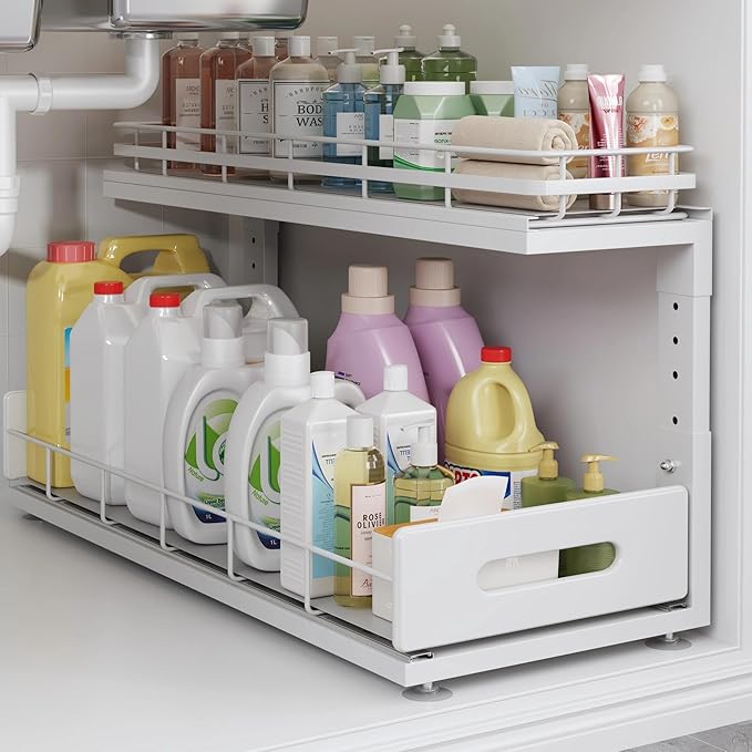 Under Sink Organizer Upgrade To Professional Rails,2-Tier Dual Pull Out Cabinet Storage,Height Adjustable Slide Out Drawers F