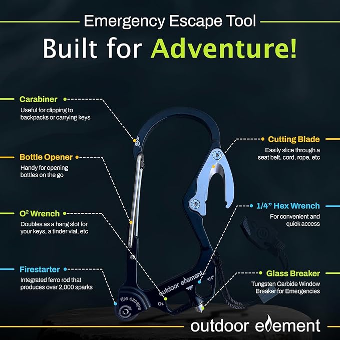 OUTDOOR ELEMENT Fire Escape, Emergency Escape Tool, Seatbelt Cutter, Window Breaker, Multi Tool, Fire Starter, Carabiner, and