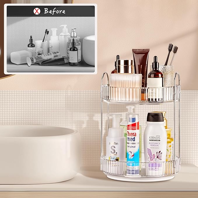 360 Rotating Makeup Organizer, 2 Tier Lazy Susan Bathroom Counter Organizer, Skincare Organizers, Spinning Perfume Organizer 