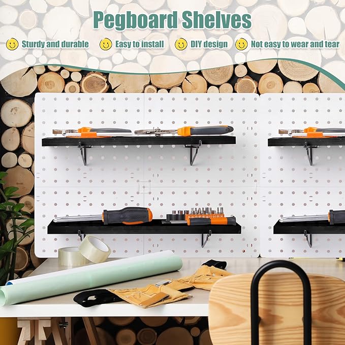 Qunclay 8 Pack Pegboard Shelf Set Wooden Shelves with Metal Brackets Hook Wall Pegboard Shelving Heavy Duty Accessories for C