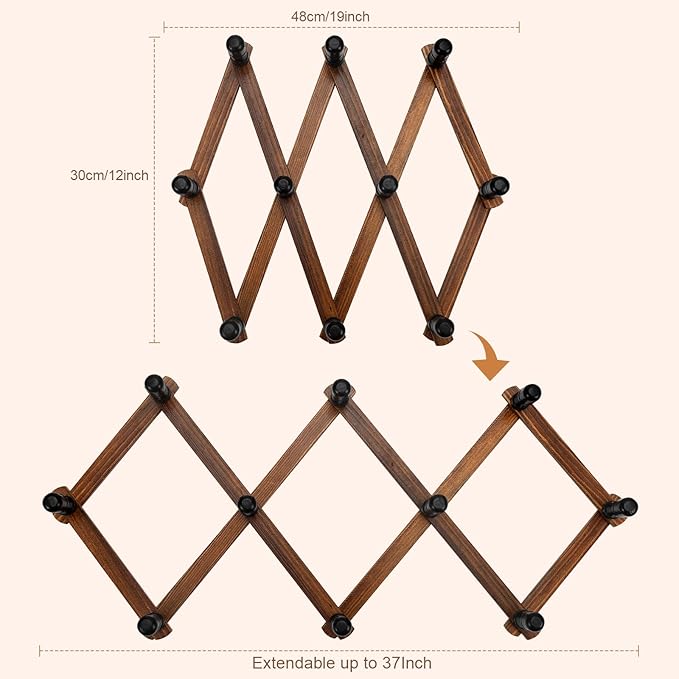 Accordion Wall Hanger, Wood Expandable Wall Mounted Hanger with 10 Hooks for Coats,Hats,Coffee Mug Ect,1 Pack Included, 10 Pe
