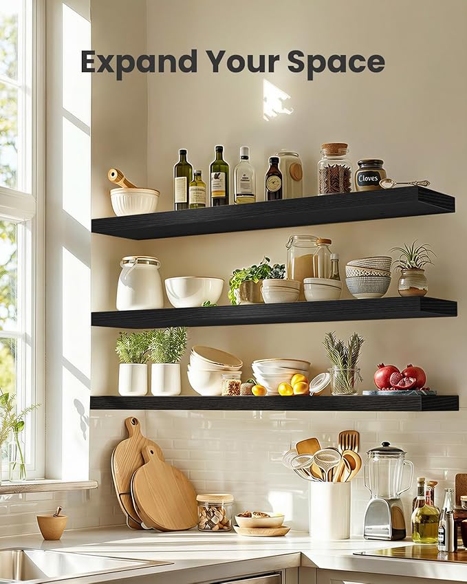 AMADA HOMEFURNISHING 47.2" L Floating Shelves, Wall Shelves Set of 3 for Bathroom/Living Room/Bedroom/Kitchen, Black Floating