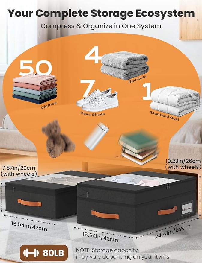 2-Pack Under Bed Storage with Wheels and 6 Vacuum Seal Bags, Adjustable Height 7.9"-10.2",Heavy Duty Capacity,Clear Lid Organ