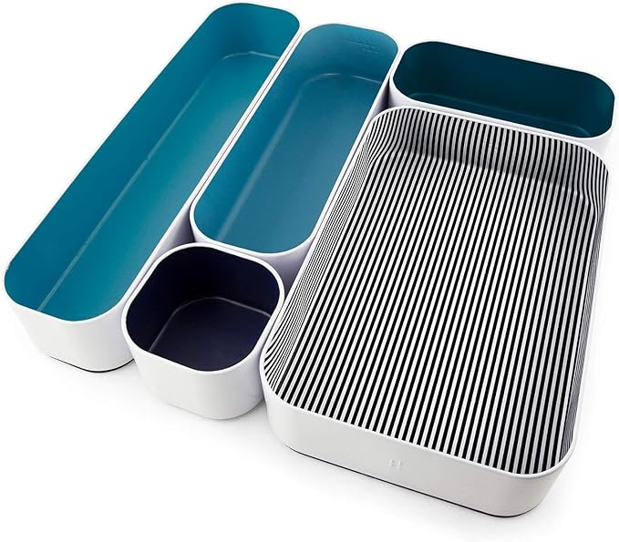 Three by Three Seattle 5 Piece Metal Organizer Tray Set for Storing Makeup, Stationery, Utensils, and More in Office Desk, Ki