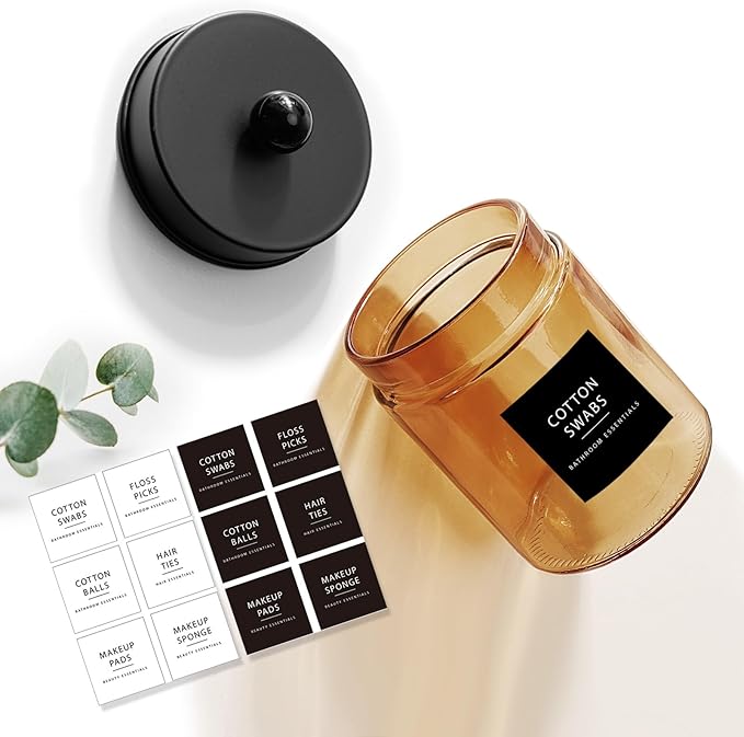 Amolliar Bronze Glass Apothecary Jar, Qtip Holder Metal Lid & Stickers, Bathroom Qtip Dispenser Storage Canister, Perfect for