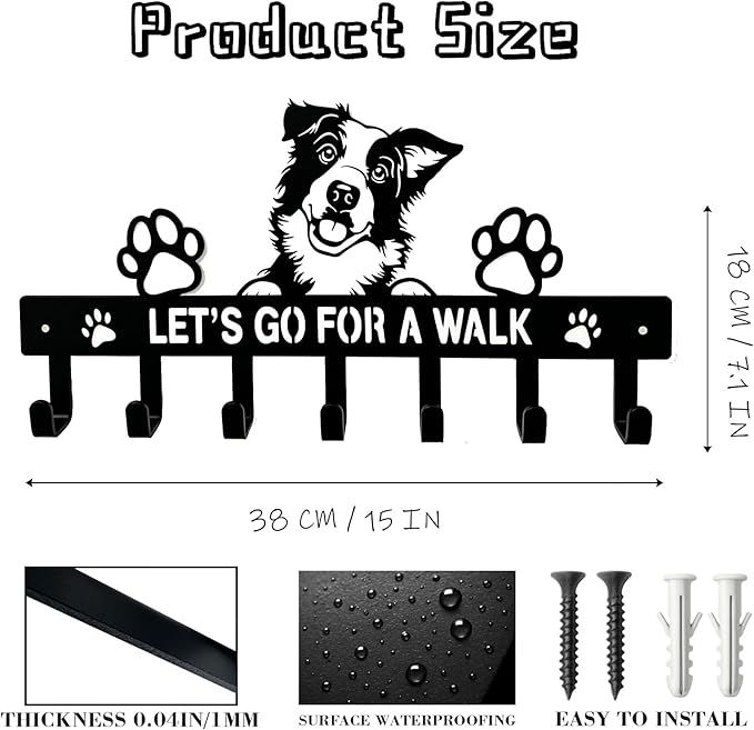 Border Collie Key Holder Wall Mount, Dog Leash Holder for Wall with 7 Hooks, Let‘s Go for a Walk Sign, Metal Black Entryway K