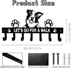 Border Collie Key Holder Wall Mount, Dog Leash Holder for Wall with 7 Hooks, Let‘s Go for a Walk Sign, Metal Black Entryway K