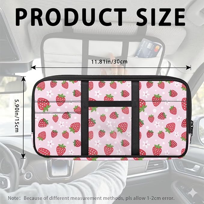 Pink Strawberry Car Sun Visor Organizer with Card Holder Car Visor Organizer Fashion Cars Accessories Easy to Store for Cars, SUVs & Trucks