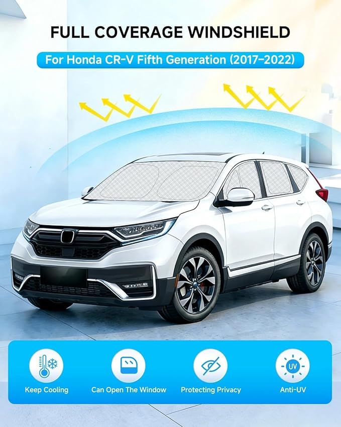 Windshield Sun Shade for Honda CRV 2017-2022，8PCS Full Coverage, 310T Reflective Fabric, Blocks 99% UV Rays, Keeps Car Cool, Easy to Install and Store