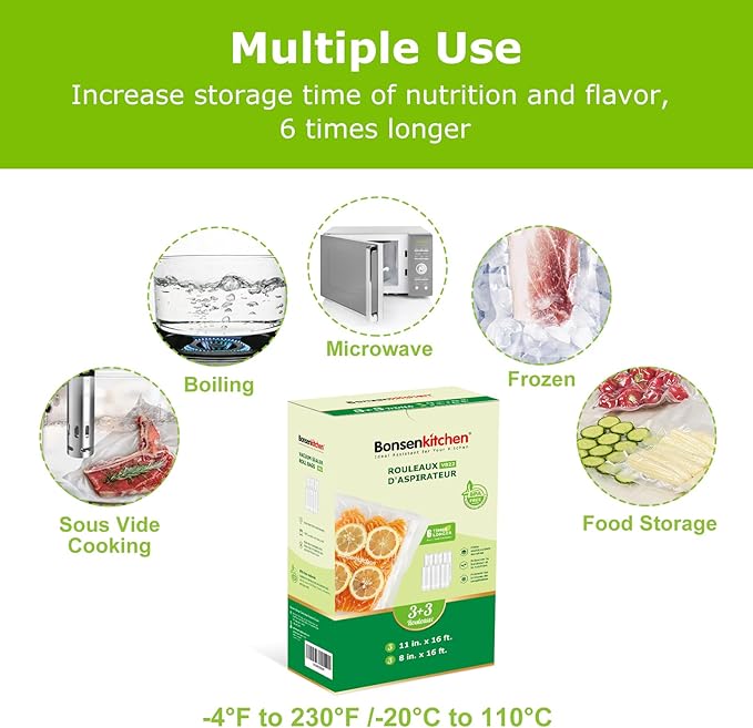 [2025 Upgraded] Bonsenkitchen 3 Rolls 11" x 16' + 3 Rolls 8" x 16' Vacuum Sealer Bags for Food with a Color Box, Easy to Stor