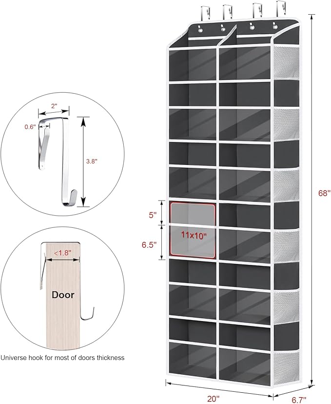 Univivi Over The Door Organizer, 6 Tiers Behind Door Storage with Clear Deep Pockets Hanging Organizer for Closet, Bedroom, N