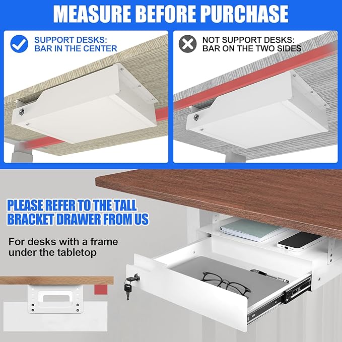 Under Desk Drawer Storage with Lock, Metal Undermount Table Drawer, Ball Bearing Slides Out Tray Organizer for Paper, Pencil,