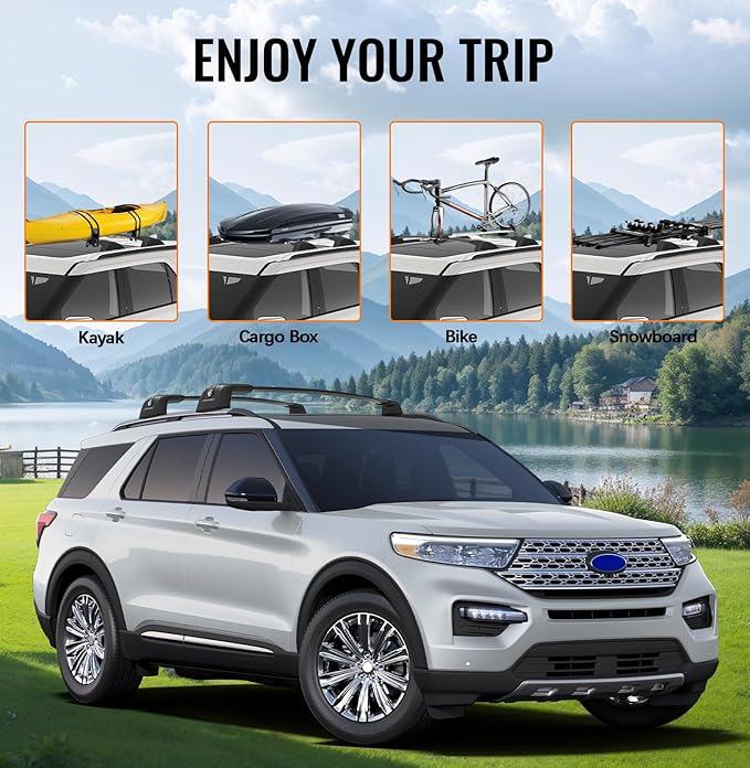 300lbs Roof Rack Cross Bars Compatible with Ford Explorer 2020-2026, Heavy Duty Aluminum Lockable Roof Rails Crossbars Rooftop Cargo Luggage Basket Carrier Bike Kayak Snowboard