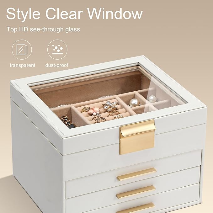 Somduy Jewelry Box Organizer for Women,4 Layers Jewelry Storage Display Box with Glass Lid,Gift for Christmas,3 Drawers,Large