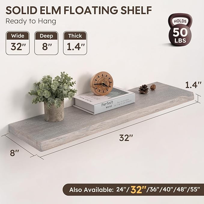 Live Edge Floating Shelves Set of 2, 32 Inch Solid Elm Wood Wall Shelves - Invisible Bracket Mount for Living Room, Bedroom, 