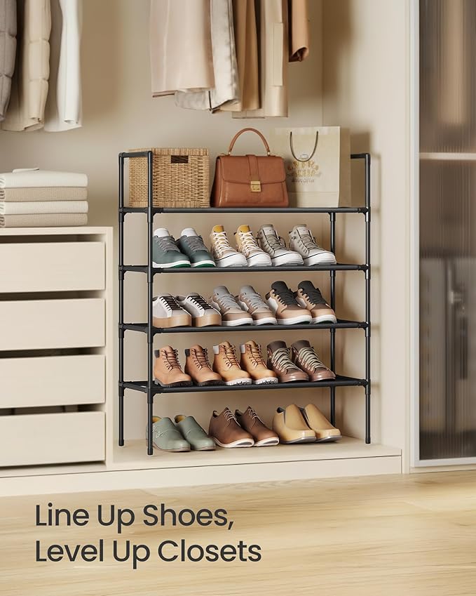 SONGMICS 4-Tier Shoe Rack, Shoe Storage for Hallway Closet, Slim and Space-Saving, Metal Frame, Non-Woven Fabric Shelves, Bla