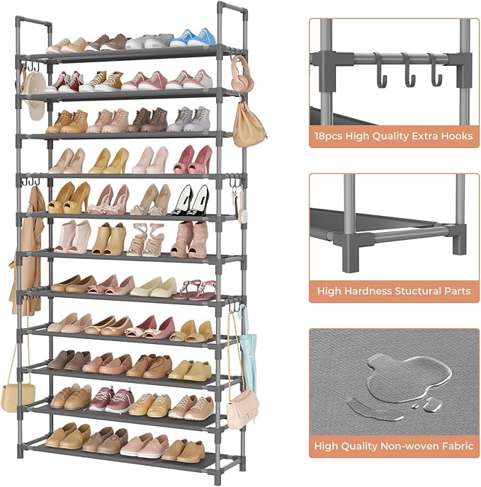 LANTEFUL 11 Tiers Tall Shoe Rack Holds 55 Pairs of Shoes with 18pcs Hooks Sturdy Wide Shoe Organizer Storage Free Standing Me