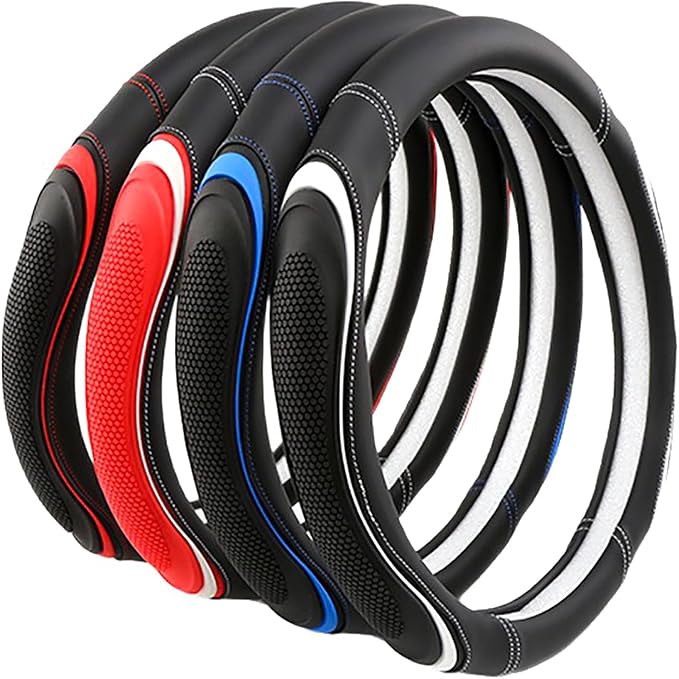 Leather Splicing Black Red White Car Steering Wheel Cover,14.5-15 Inch Universal Microfiber Leather Covers Breathable Anti-Sl