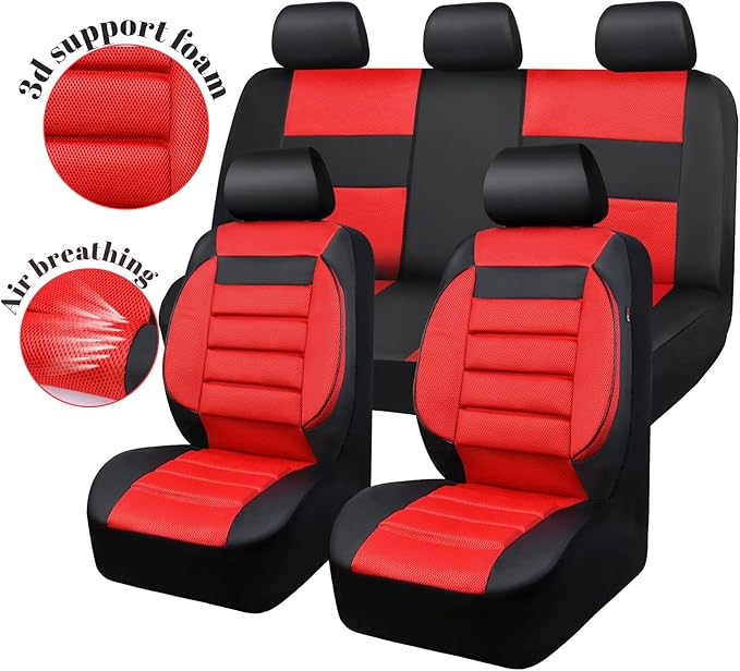 CAR PASS Leather 3D Foam Back Support Car Seat Covers Full Set Air Mesh Automotive Seat Covers, All Season Car Seat Cover Fit