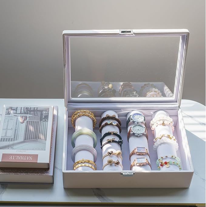 Bracelets Organizer Rods Bangles Display Holder, Clear See through Lid Leather Velvet Jewelry Storage Box Case for Women, 4 R