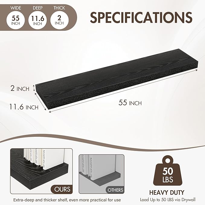 55 Inch Floating Shelves, 12" Deep Floating Shelf Wall Mounted, 55" Wall Shelves, Rustic Deep Bookshelf, Extra Deeper & Thick