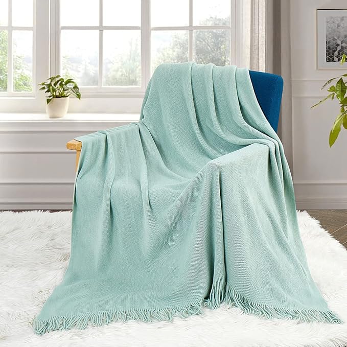 Homiest Decorative Knitted Throw Blanket with Fringe Soft & Cozy Tassel Blanket for Couch Sofa Bed (Light Green, 50x60)