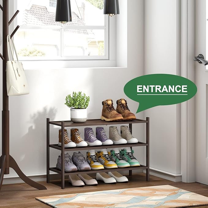 kiplant Bamboo Shoe Rack for Entryway, 3-Tier Stackable | Foldable | Natural, Shoe Organizer for Hallway Closet, Free Standin