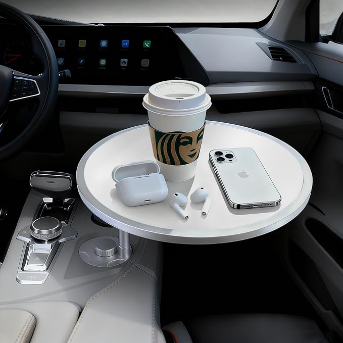 Car Tray Table & Car Desk for Laptop with 2 Risers and Anti-Slip Pad, 360° Rotating Cup Holder for Working and Eating Compatible with Tesla Model 3/Y/S, Ford F150/Explorer/Maverick & Most Vehicles/EV