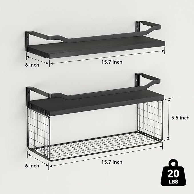 WOPITUES Floating Shelves with Wire Storage Basket, Bathroom Shelves Over Toilet with Protective Metal Guardrail, Wood Wall S