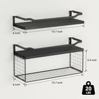 WOPITUES Floating Shelves with Wire Storage Basket, Bathroom Shelves Over Toilet with Protective Metal Guardrail, Wood Wall S