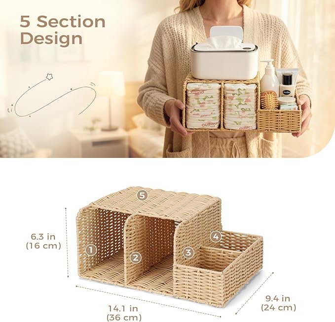Diaper Caddy Organizer, Hand Rattan Nursery Storage Basket for Baby Essentials, Baby Changing Table Organizer Perfect Nursery