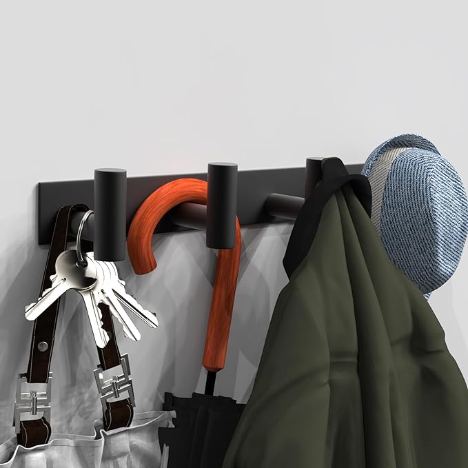 VAEHOLD 2PACK Hat and Coat Wall Mount Rack - 4 Hooks for Robes, Bags, Keys, and Towels - Bathroom Towel Hanger Organizer -Bla