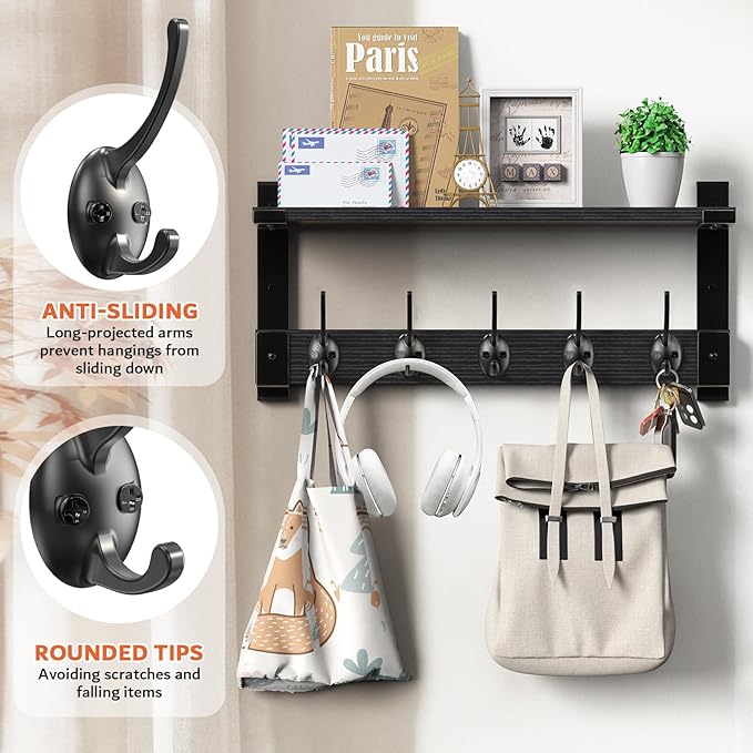 Oraich Wall Hooks with Shelf, Coat Rack Wall Mount, Entryway Hanging Shelf for Clothes Backpack Key Purse, Shelf with Hooks H