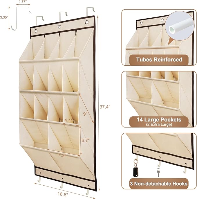 FENTEC 2 Pack Over the Door Shoe Organizer, Hanging Shoe Organizer, 28 Large Deep Pockets Door Shoe Rack with 6 Hooks Shoe Or