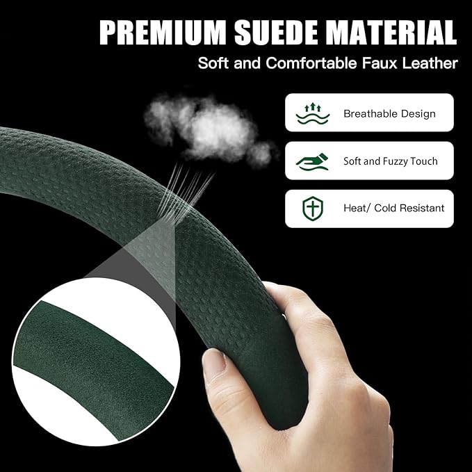 Suede Steering Wheel Cover with Upgraded Silicone Inner Ring, Breathable, Anti-Slip, Leather Universal 14.5 to 15 Inch Steeri