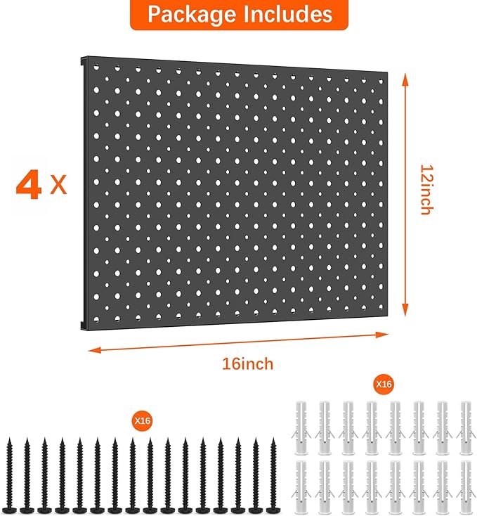 TORACK 4 PCS 12"x16" Metal Pegboard Panels for Garage, Workbench, Shop, Tool Organizer Peg Board with 1/8" & 1/4" Holes, Modu