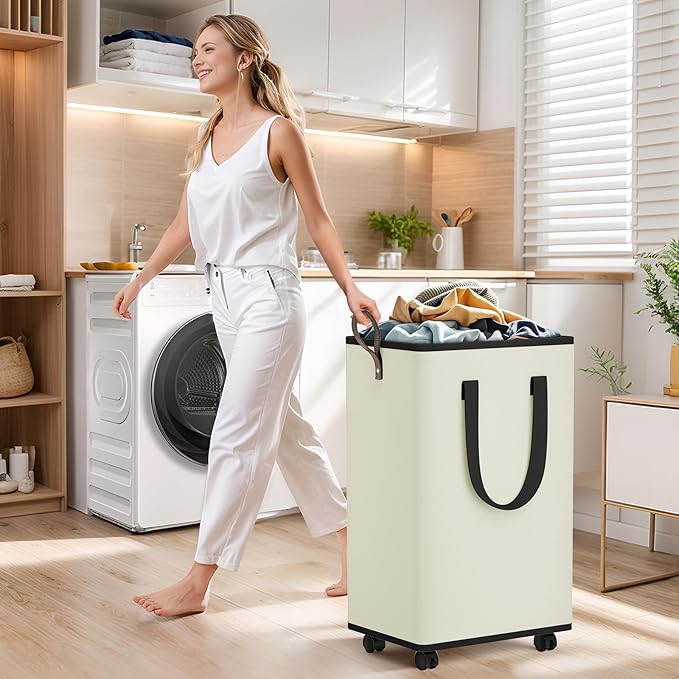 SpaceTrove Laundry Basket with Wheels, Collapsible Laundry Baskets, Laundry Hamper with Handles Detachable Wheels, Rolling La