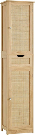 Iwell Tall Narrow Storage Cabinet with Doors, Rattan Cabinet with Adjustable Shelves, Freestanding Linen Storage for Living R
