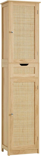 Iwell Tall Narrow Storage Cabinet with Doors, Rattan Cabinet with Adjustable Shelves, Freestanding Linen Storage for Living R