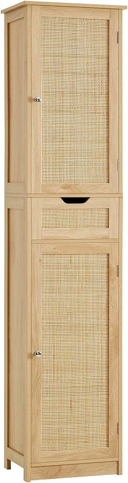 Iwell Tall Narrow Storage Cabinet with Doors, Rattan Cabinet with Adjustable Shelves, Freestanding Linen Storage for Living R
