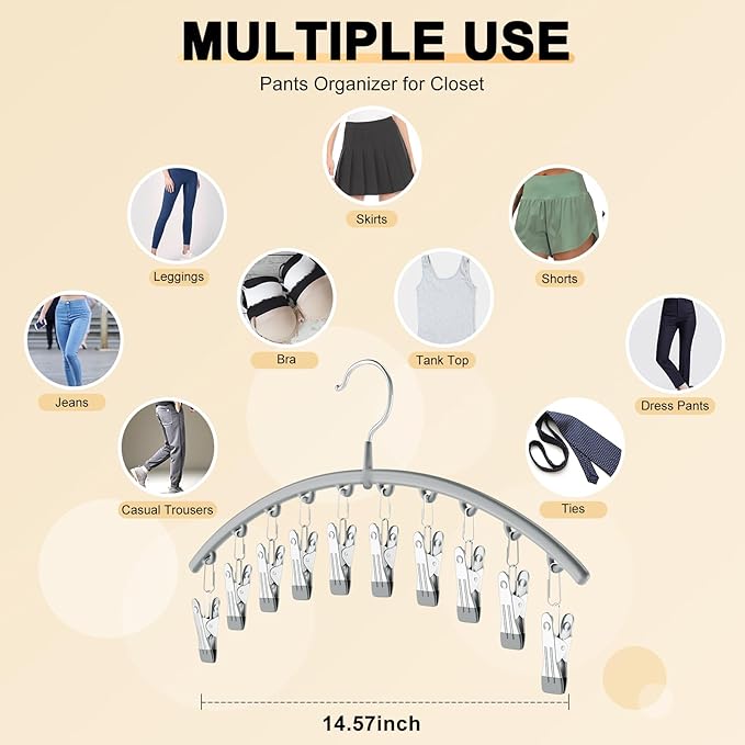 Volnamal Legging Organizer for Closet, Metal Yoga Pants Hanger w/Rubber Coated 1 Pack w/10 Clips Hold 10 Leggings, Hangers Sp