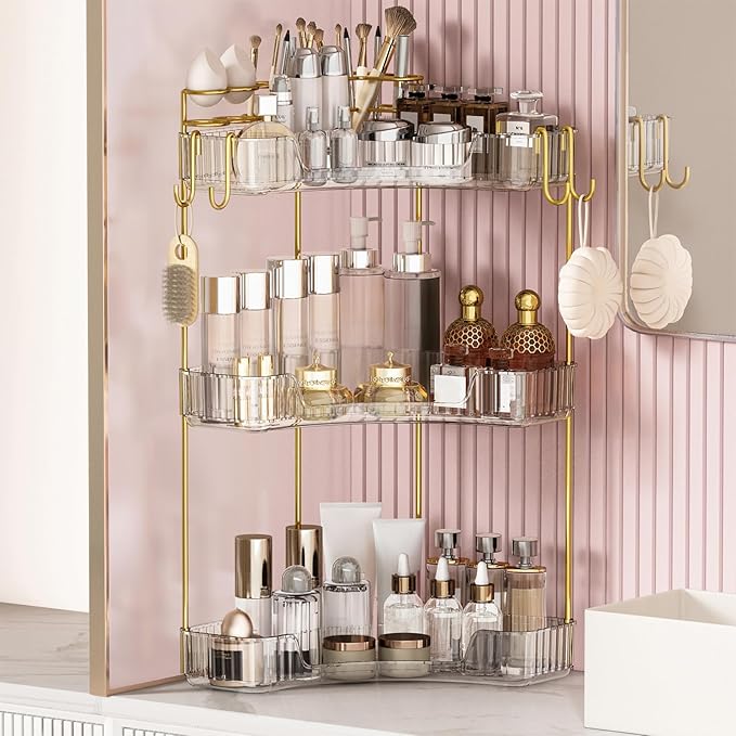 3-Tier Corner Bathroom Counter Organizer，Makeup & Skincare Shelf with Built-in Brush Holder，Space-Saving Bathroom Countertop 