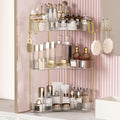 3-Tier Corner Bathroom Counter Organizer，Makeup & Skincare Shelf with Built-in Brush Holder，Space-Saving Bathroom Countertop 