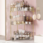 3-Tier Corner Bathroom Counter Organizer，Makeup & Skincare Shelf with Built-in Brush Holder，Space-Saving Bathroom Countertop 