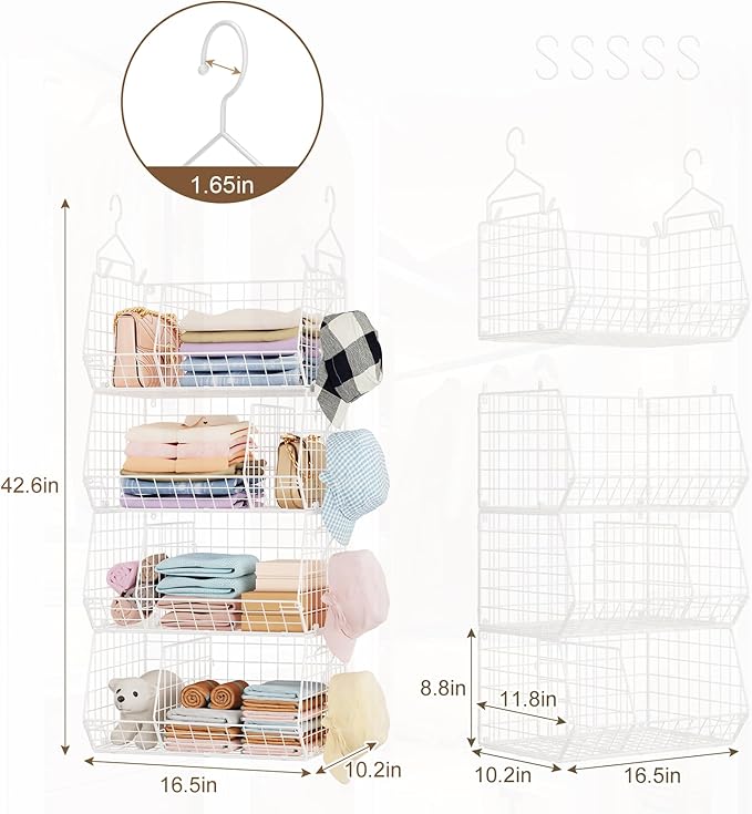 Jautokerdar 4 Tier Extra Large Hanging Closet Organizer,Closet Organizer Hanging with 5 S Hooks 4 Dividers,Clothes Organizer 