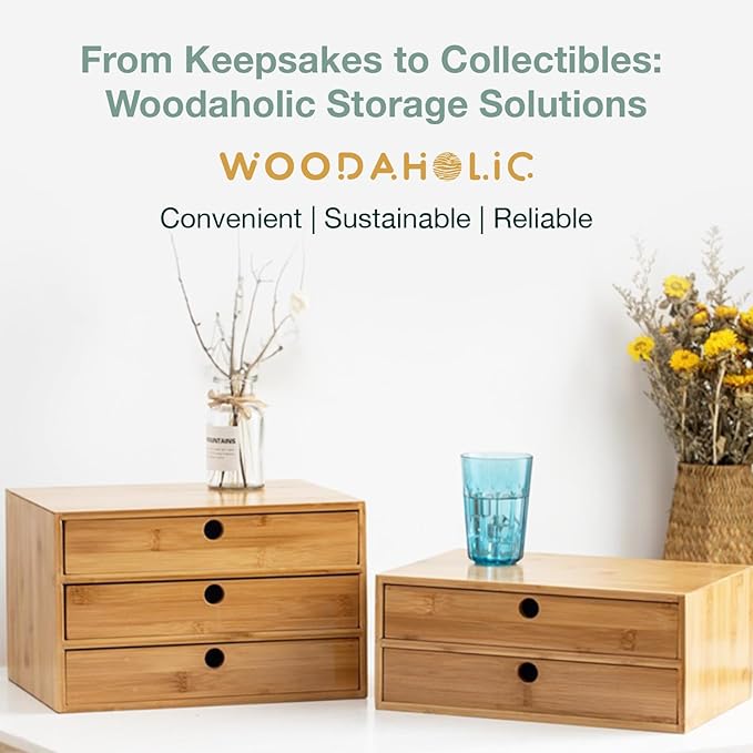 Set of 3 Bamboo Organizer Desktop Drawers - 1, 2, 3 Drawer Storage Organizer Ideal for Desk Accessories, Office Supplies, Mak