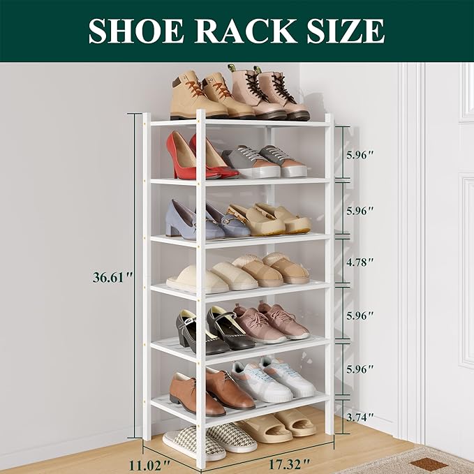Smiry Small Bamboo Shoe Rack 6-Tier, Stackable Wooden Shoe Organizer for Entryway & Closet, Free Standing Wood Shoe Storage S