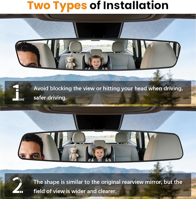 Rear View Mirror, 16 Inch Chrome Anti-glare Universal Panoramic Convex Car Interior Rear View Mirrors Clip on Big Wide Angle Rearview Mirror Extender to Blind Spot for Pickup Trucks Van