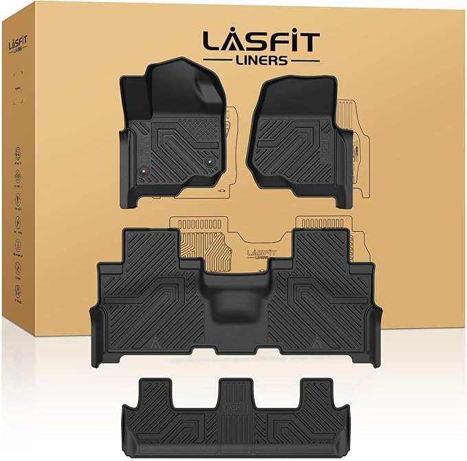 LASFIT Floor Mats for Ford Expedition | Expedition Max 8 Seater 2021 2022 2023 2024(Not Fit 7 Seats), All Weather TPE Protector Custom Fit for SUV Car Liners, 1st& 2nd& 3rd Row, Black 4pcs