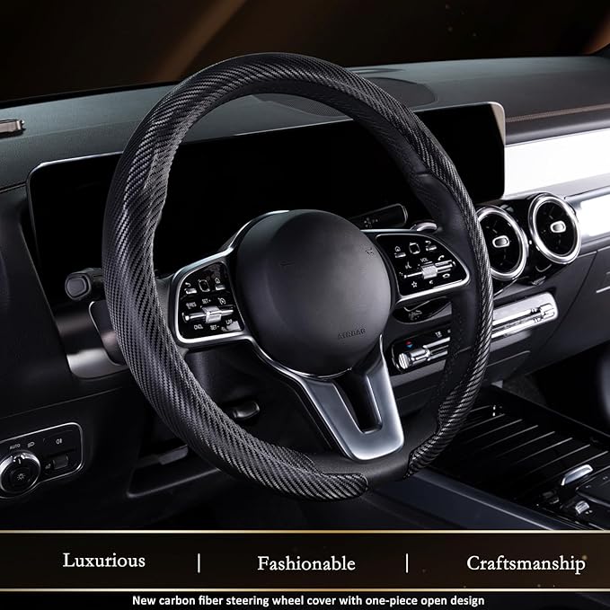 Aimato Car Steering Wheel Cover Carbon Fiber, Ultra-Thin Car Steering Wheel Cover,Comfortable & Breathable Microfiber,Universal Fit for Most Cars, Matte Black